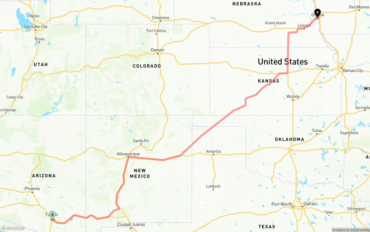 Shipping route from Tucson International Airport to Omaha