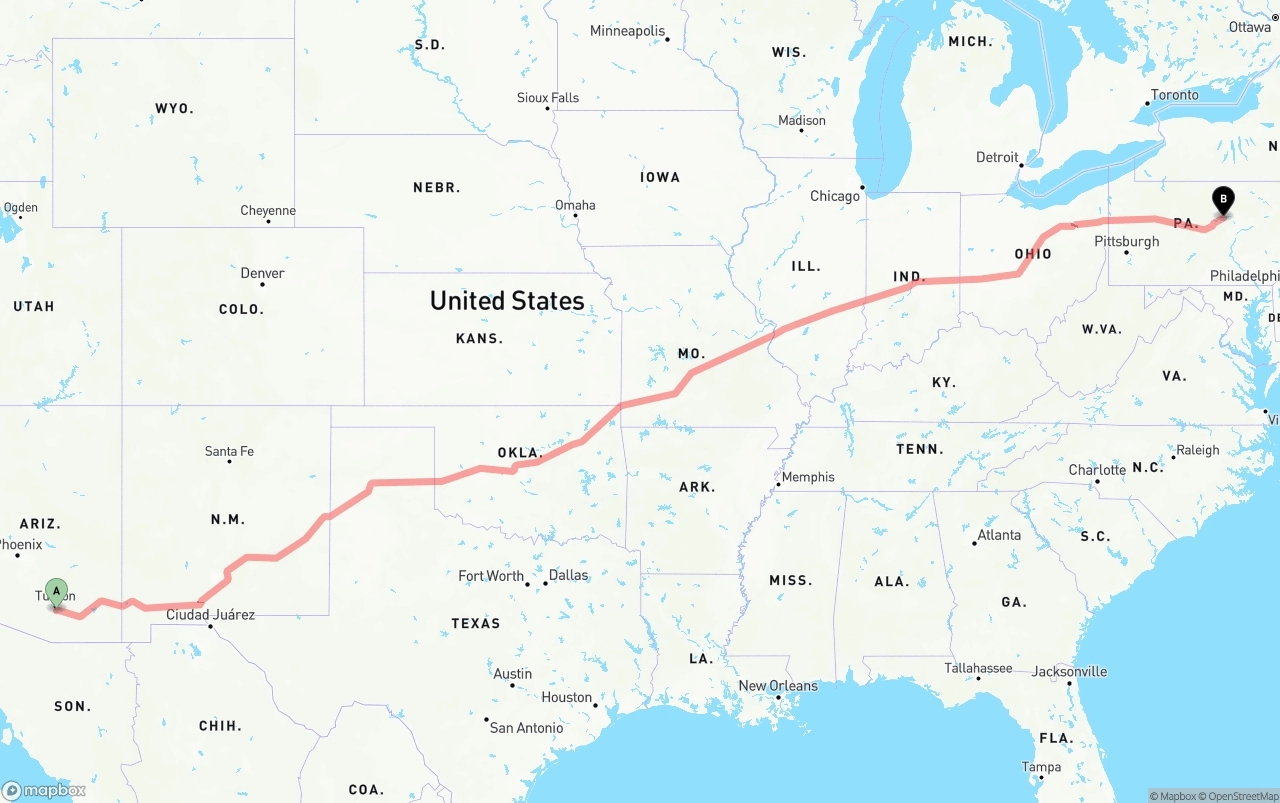Shipping route from Tucson International Airport to Pennsylvania