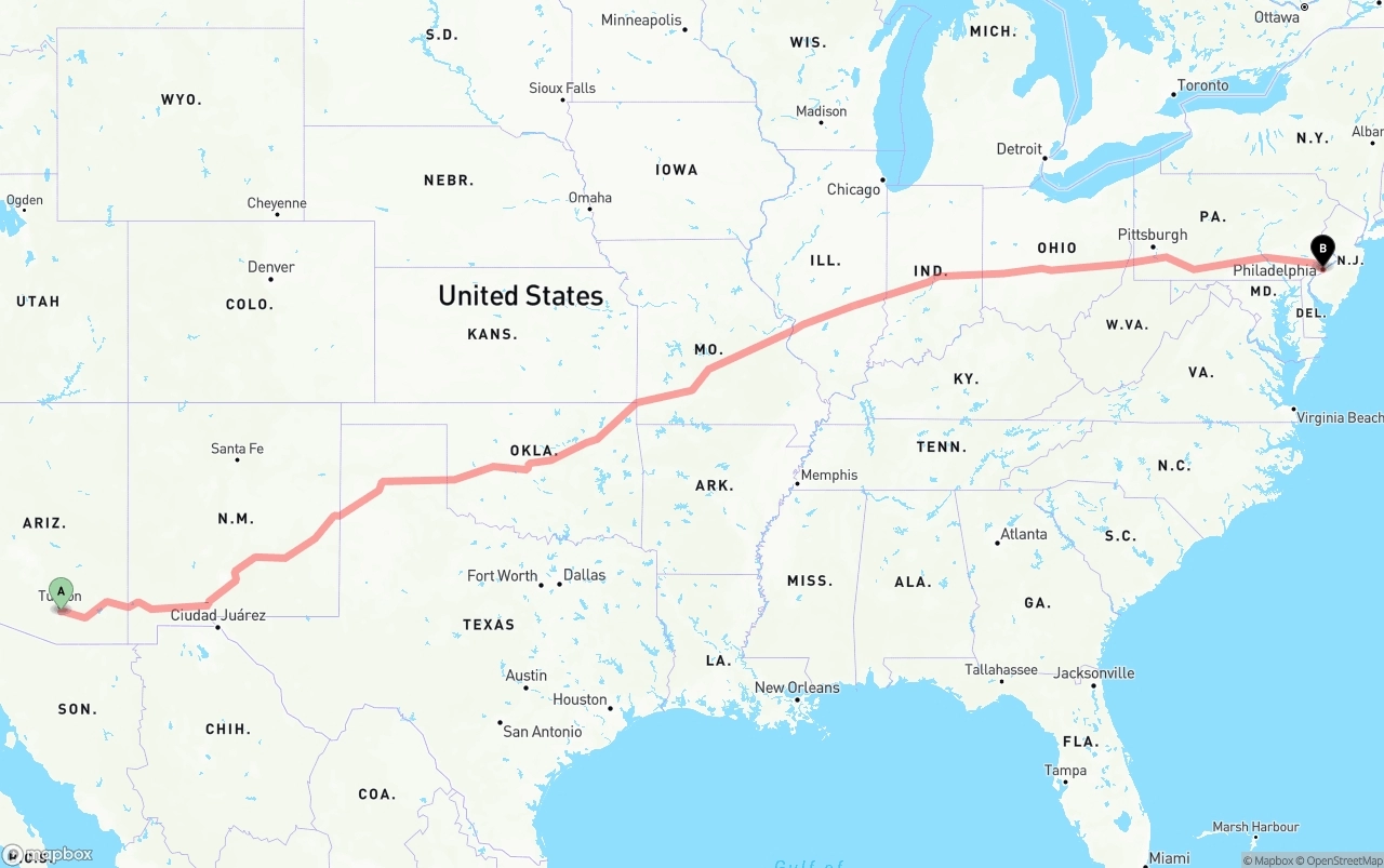 Shipping route from Tucson International Airport to Philadelphia
