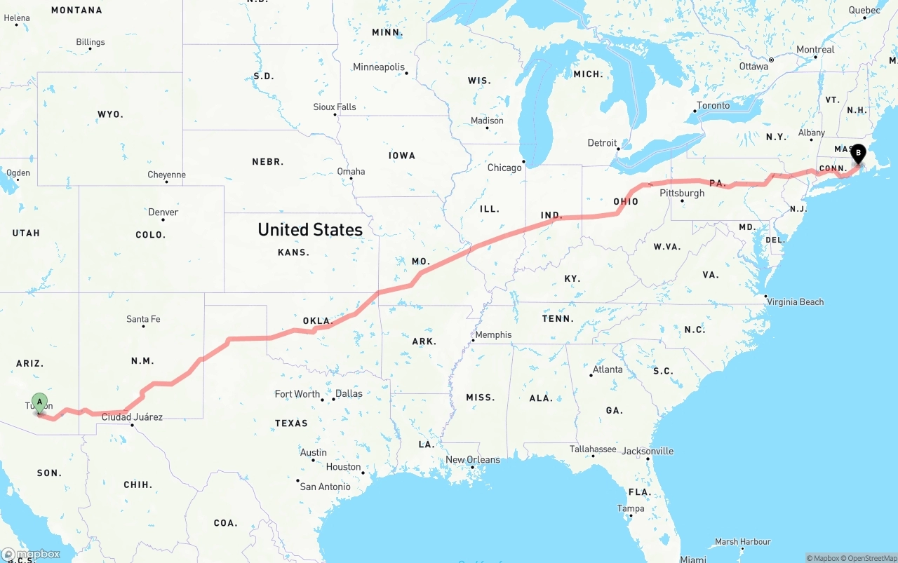 Shipping route from Tucson International Airport to Rhode Island