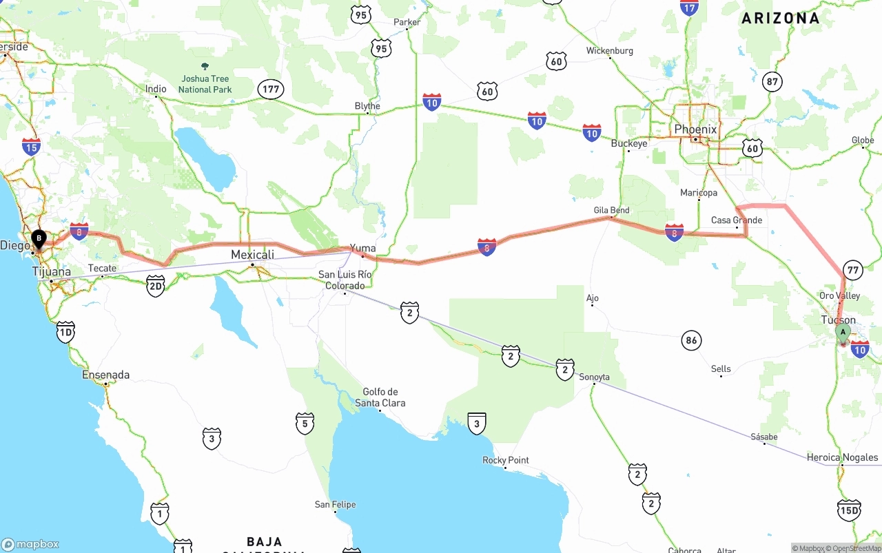 Shipping route from Tucson International Airport to San Diego