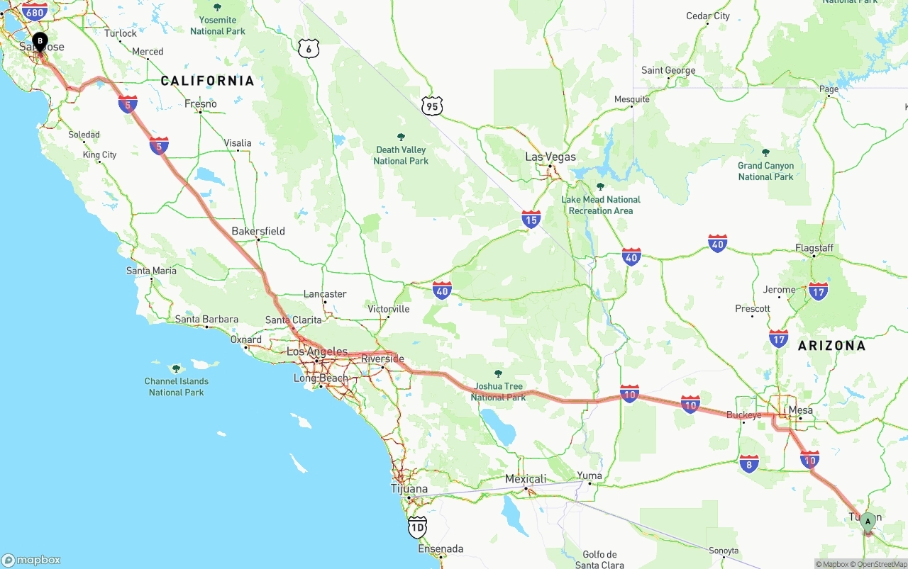 Shipping route from Tucson International Airport to San Jose