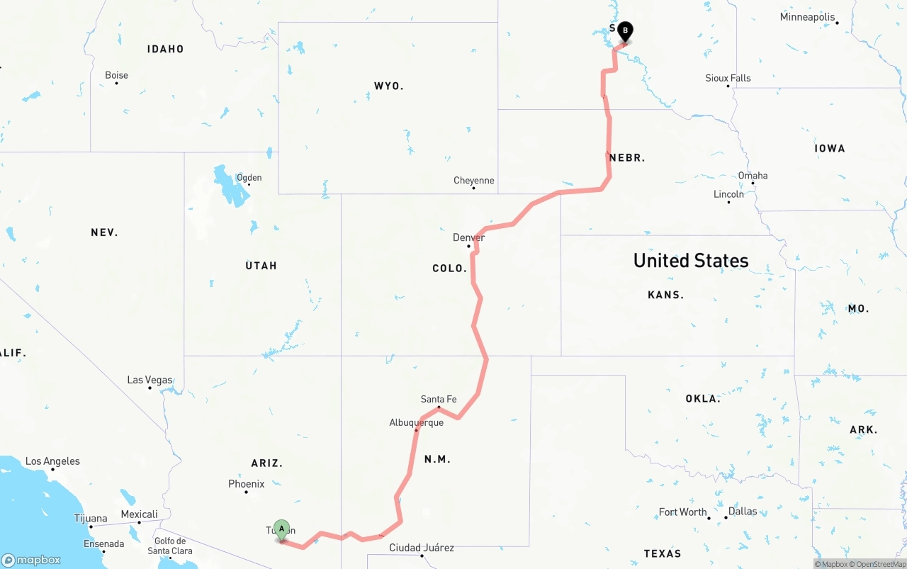 Shipping route from Tucson International Airport to South Dakota