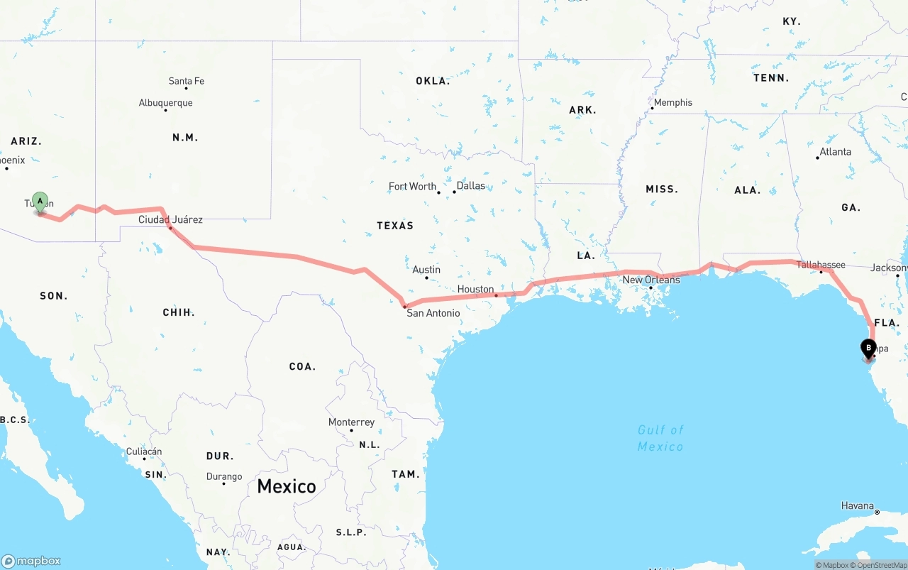 Shipping route from Tucson International Airport to St. Petersburg