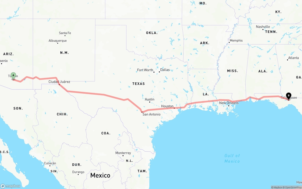 Shipping route from Tucson International Airport to Tallahassee
