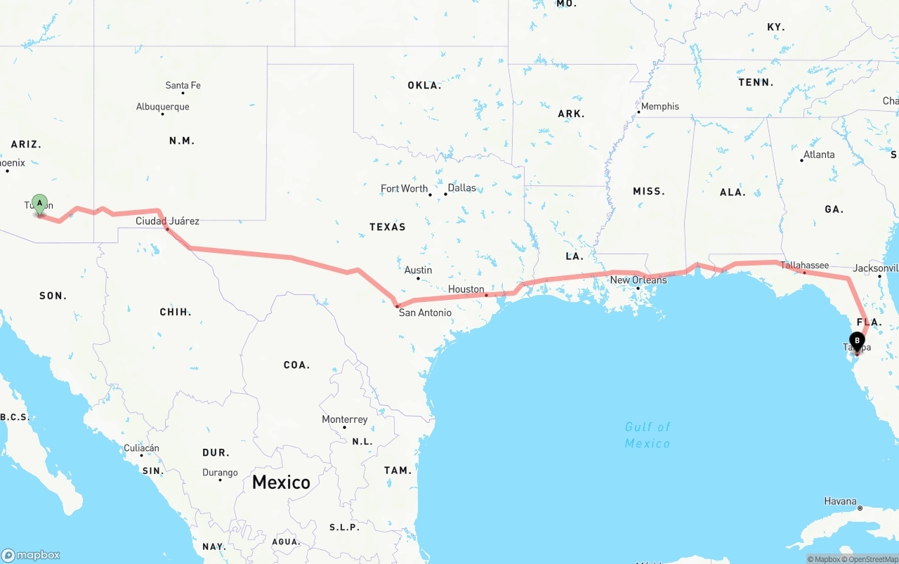 Shipping route from Tucson International Airport to Tampa