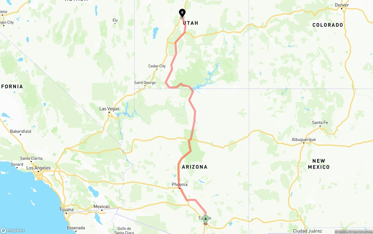 Shipping route from Tucson International Airport to Utah