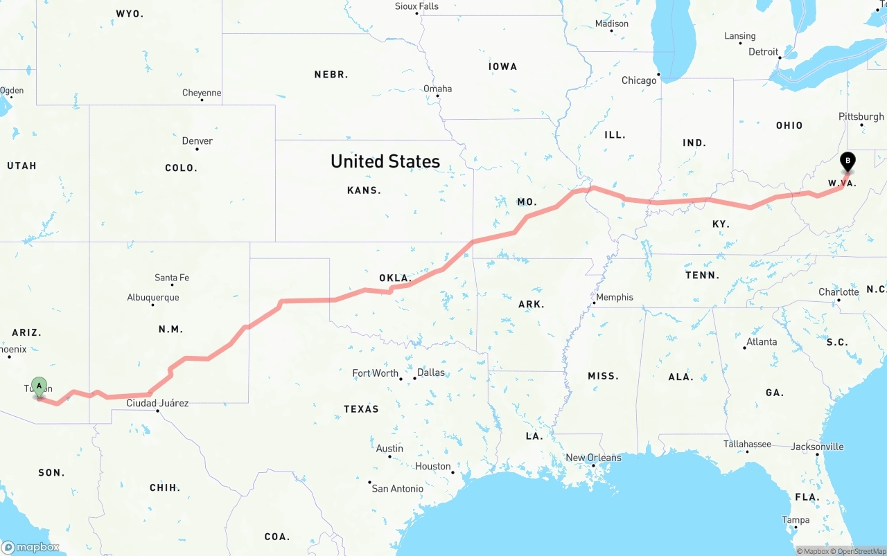 Shipping route from Tucson International Airport to West Virginia