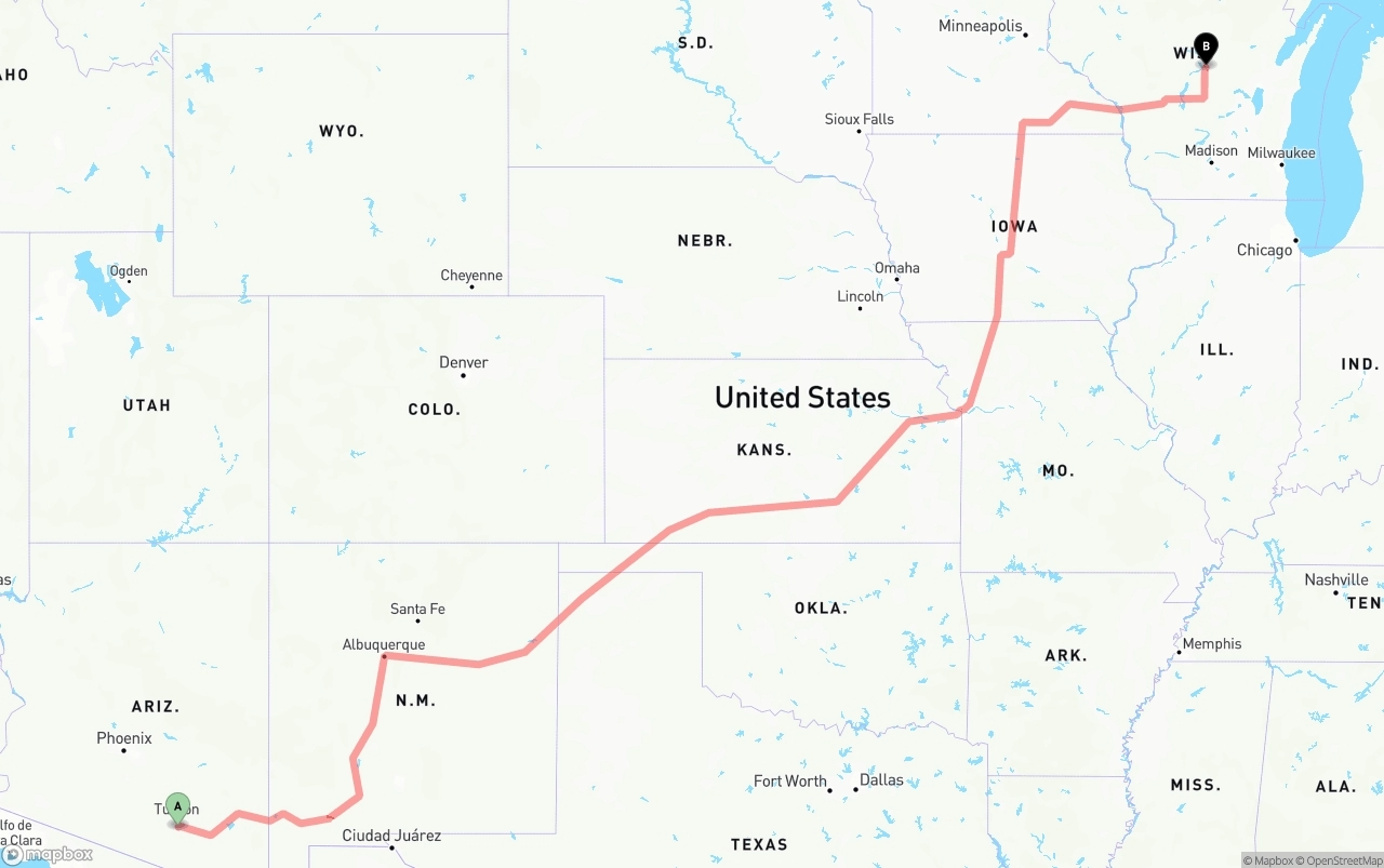 Shipping route from Tucson International Airport to Wisconsin