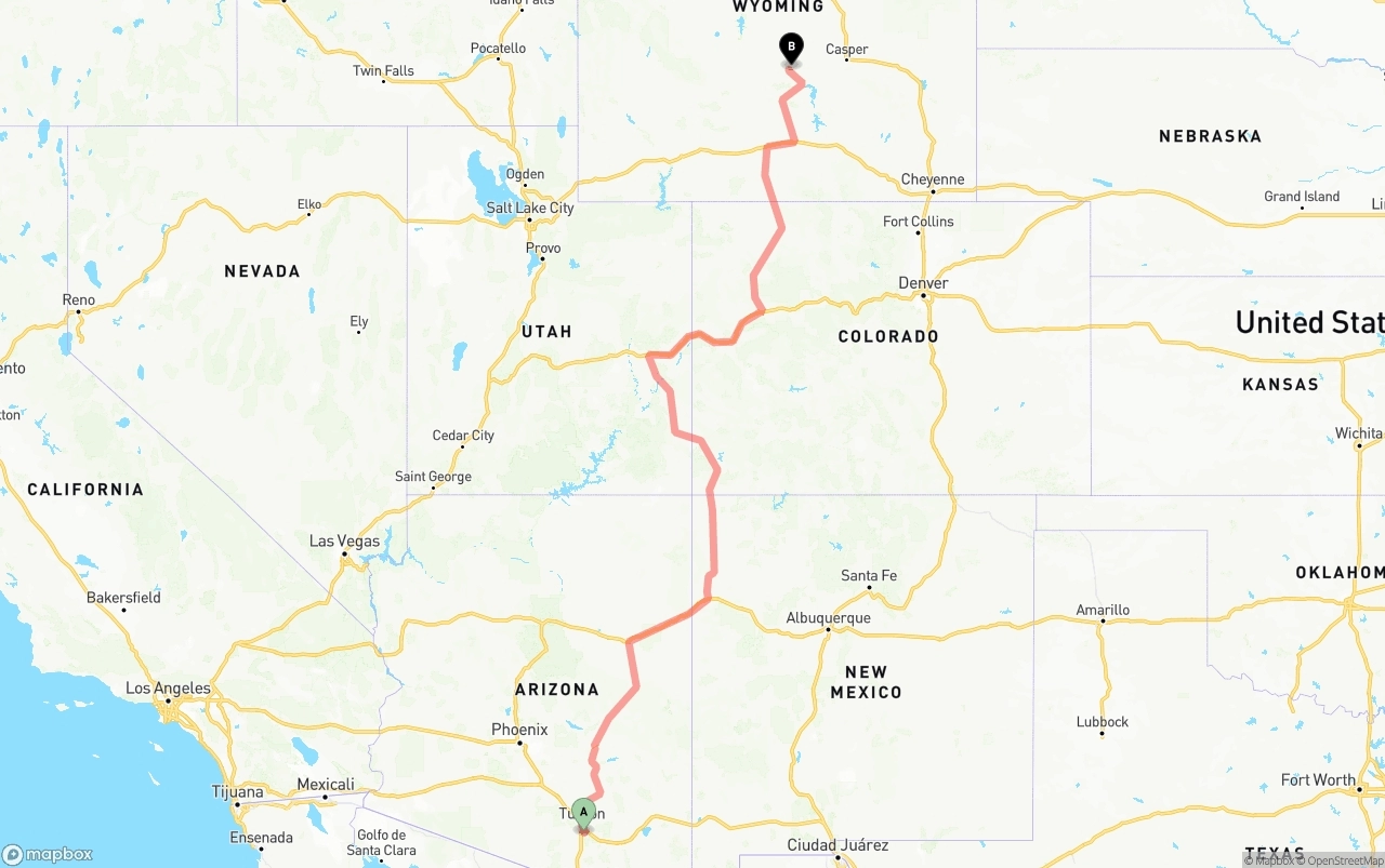 Shipping route from Tucson International Airport to Wyoming