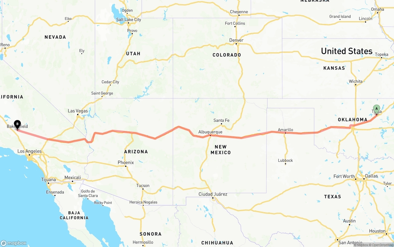 Shipping route from Tulsa to Bakersfield