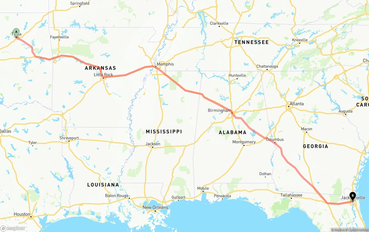 Shipping route from Tulsa to Jacksonville