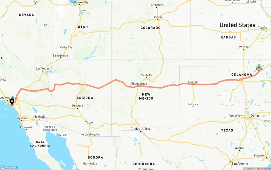 Tulsa to John Wayne Airport — Orange County freight shipping route map
