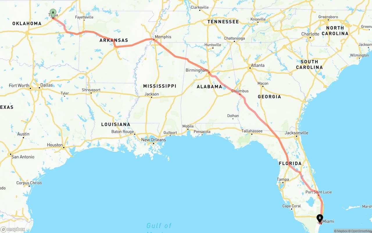 Shipping route from Tulsa to Miami International Airport