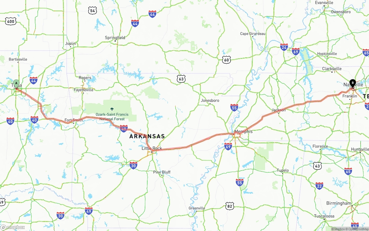 Shipping route from Tulsa to Nashville