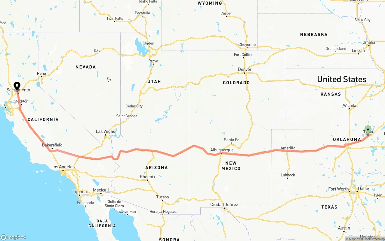 Shipping route from Tulsa to Sacramento International Airport