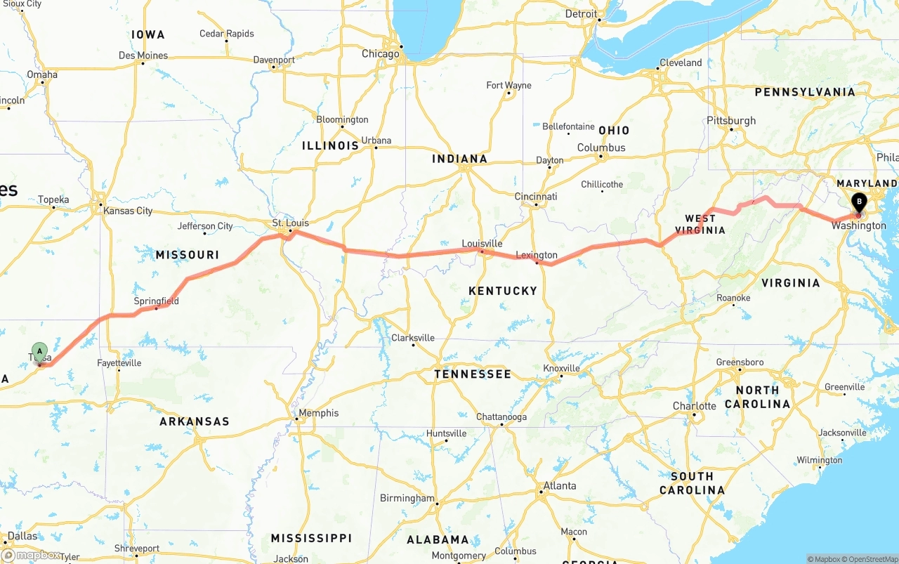 Shipping route from Tulsa to Washington D.C.