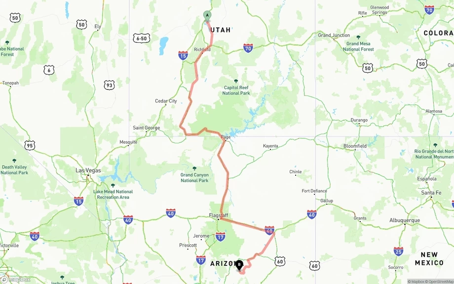 Utah to Arizona freight shipping route map