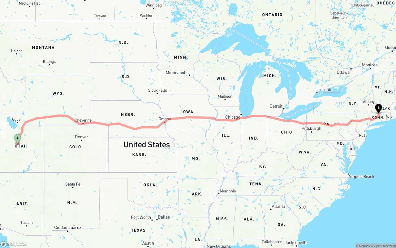 Shipping route from Utah to Bradley International Airport