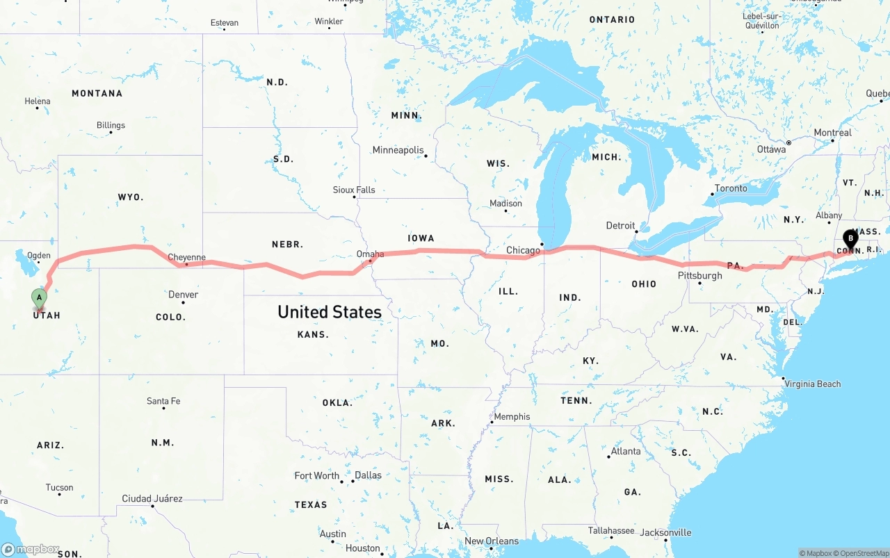 Shipping route from Utah to Connecticut