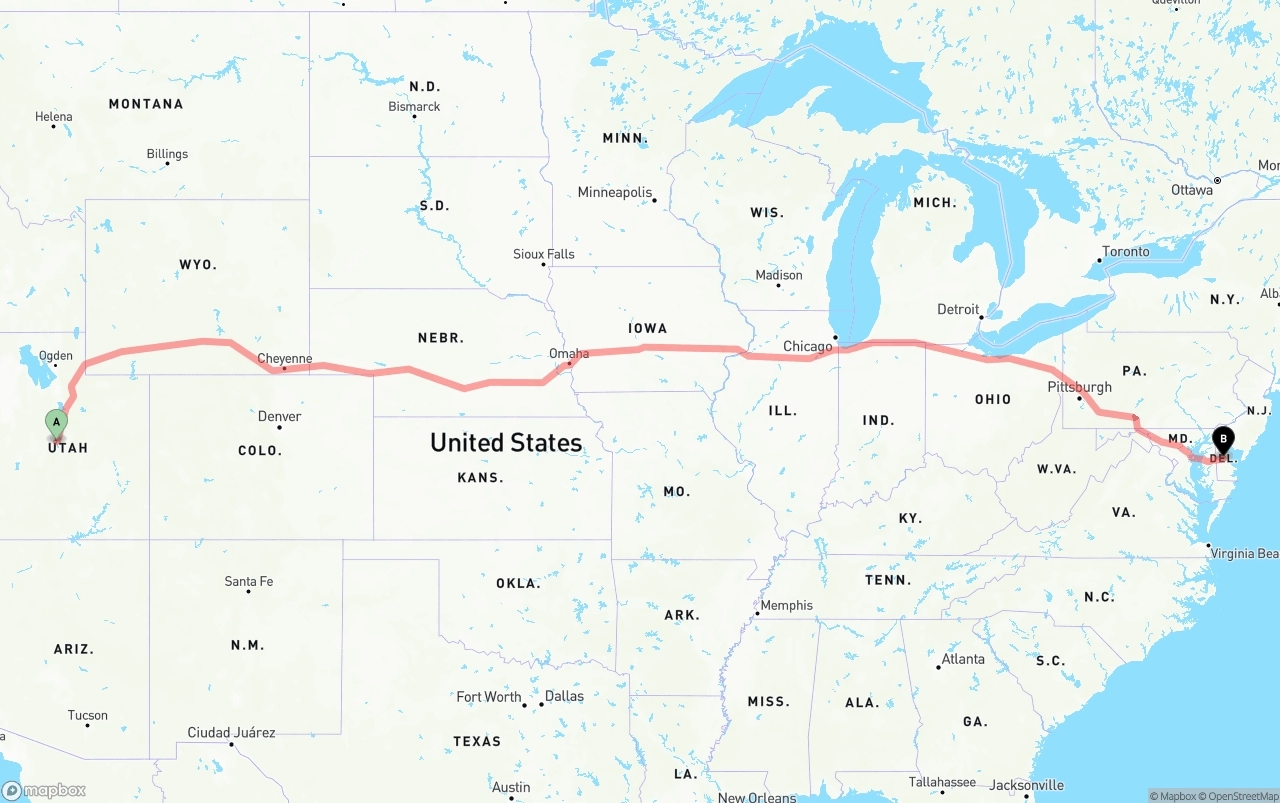 Shipping route from Utah to Delaware