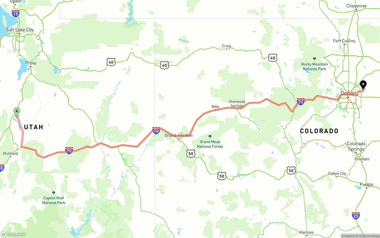 Shipping route from Utah to Denver International Airport