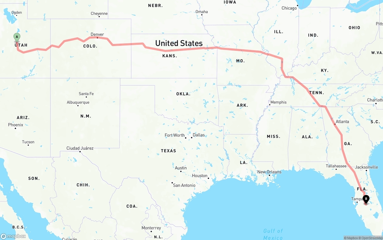 Shipping route from Utah to Florida