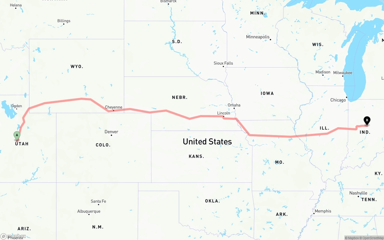 Shipping route from Utah to Indiana