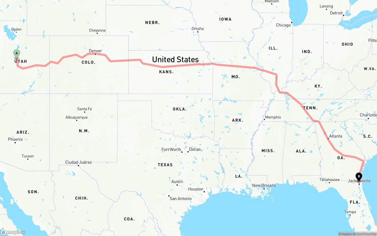 Shipping route from Utah to Jacksonville International Airport