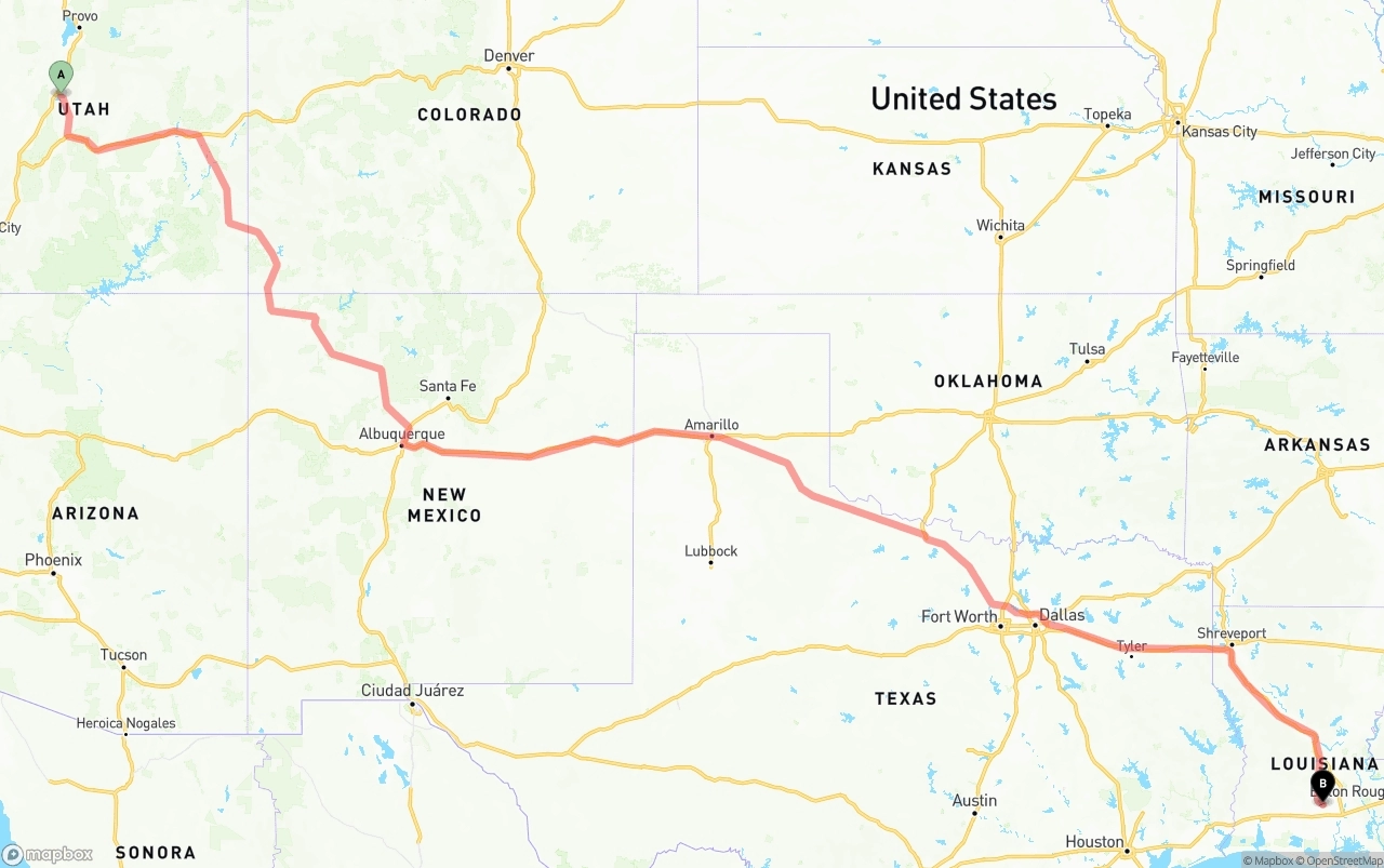 Shipping route from Utah to Louisiana