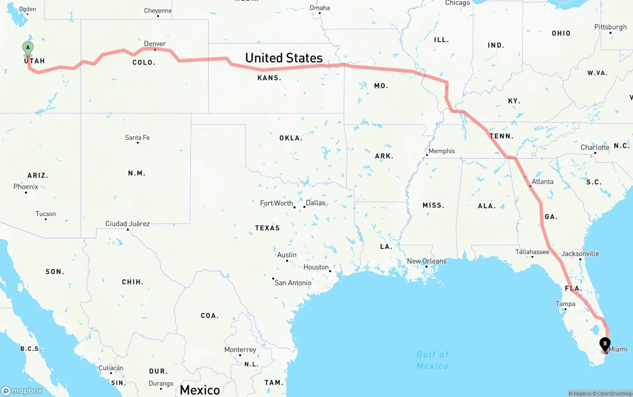 Shipping route from Utah to Miami International Airport