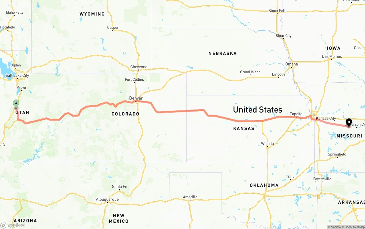Shipping route from Utah to Missouri