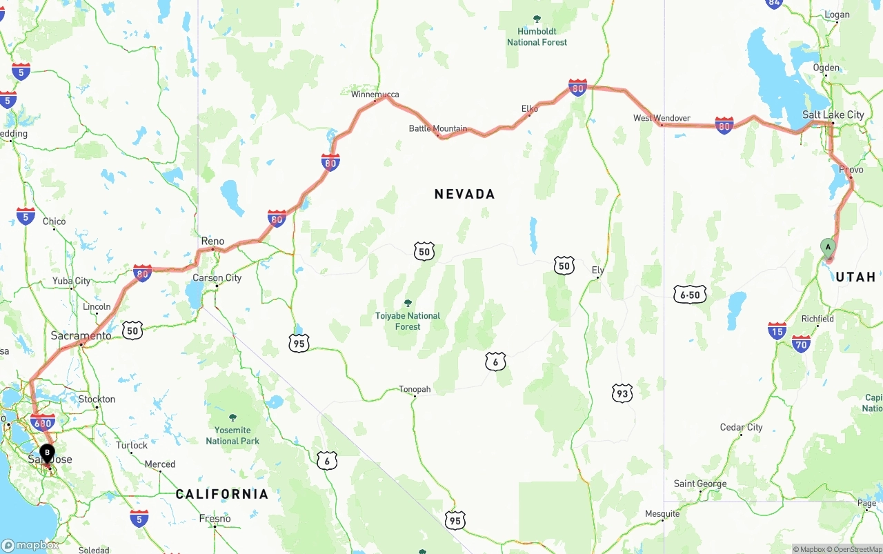 Shipping route from Utah to Norman Y. Mineta San Jose International Airport