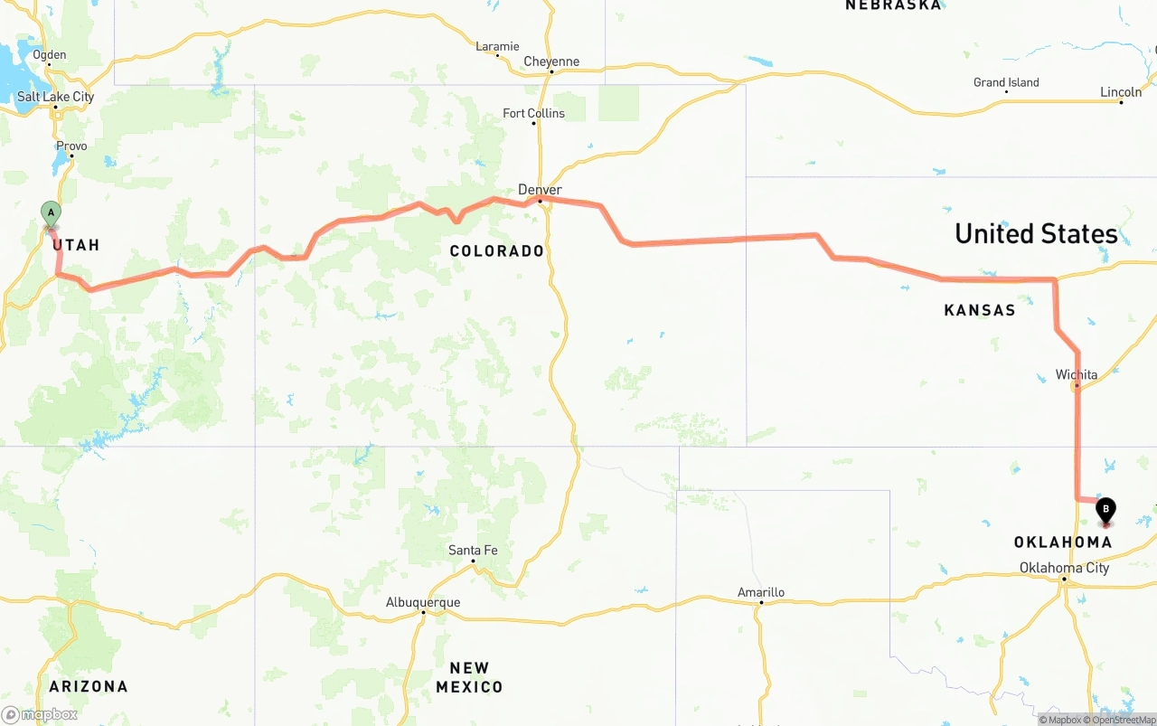 Shipping route from Utah to Oklahoma