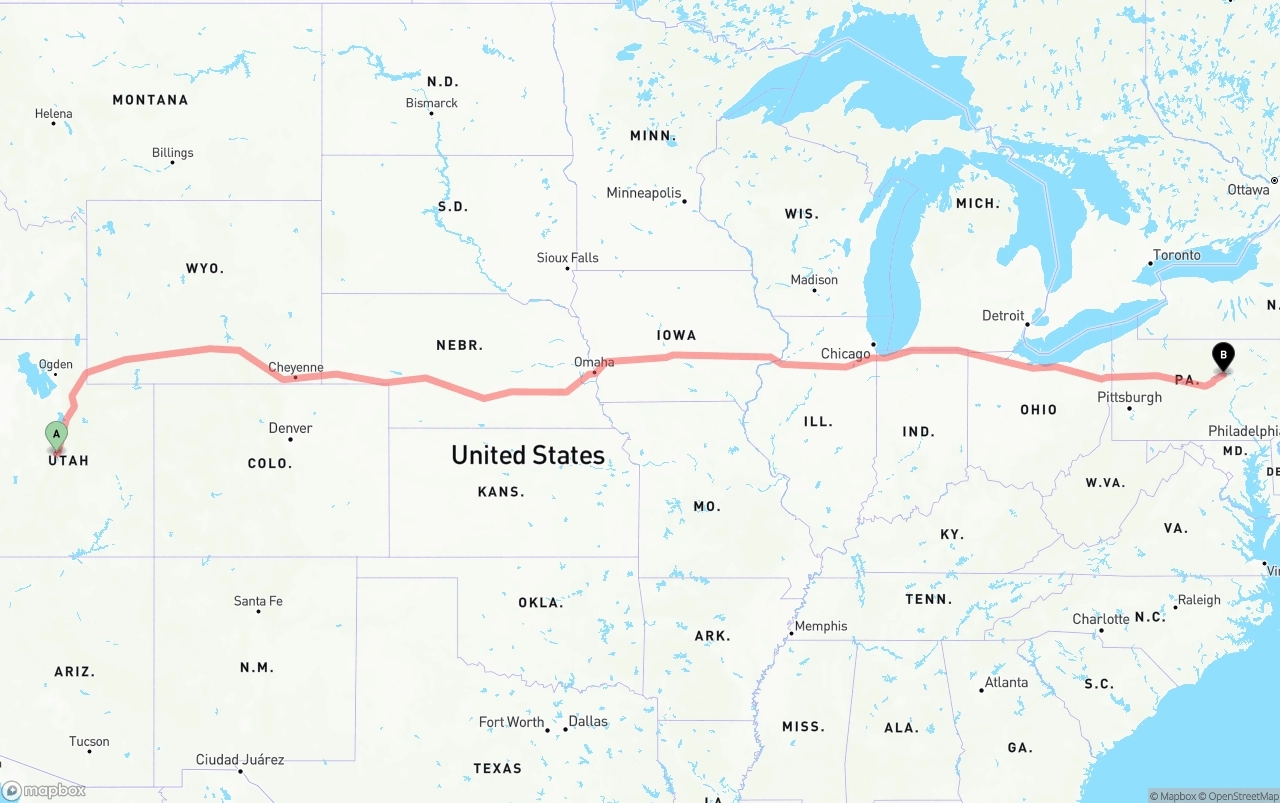Shipping route from Utah to Pennsylvania
