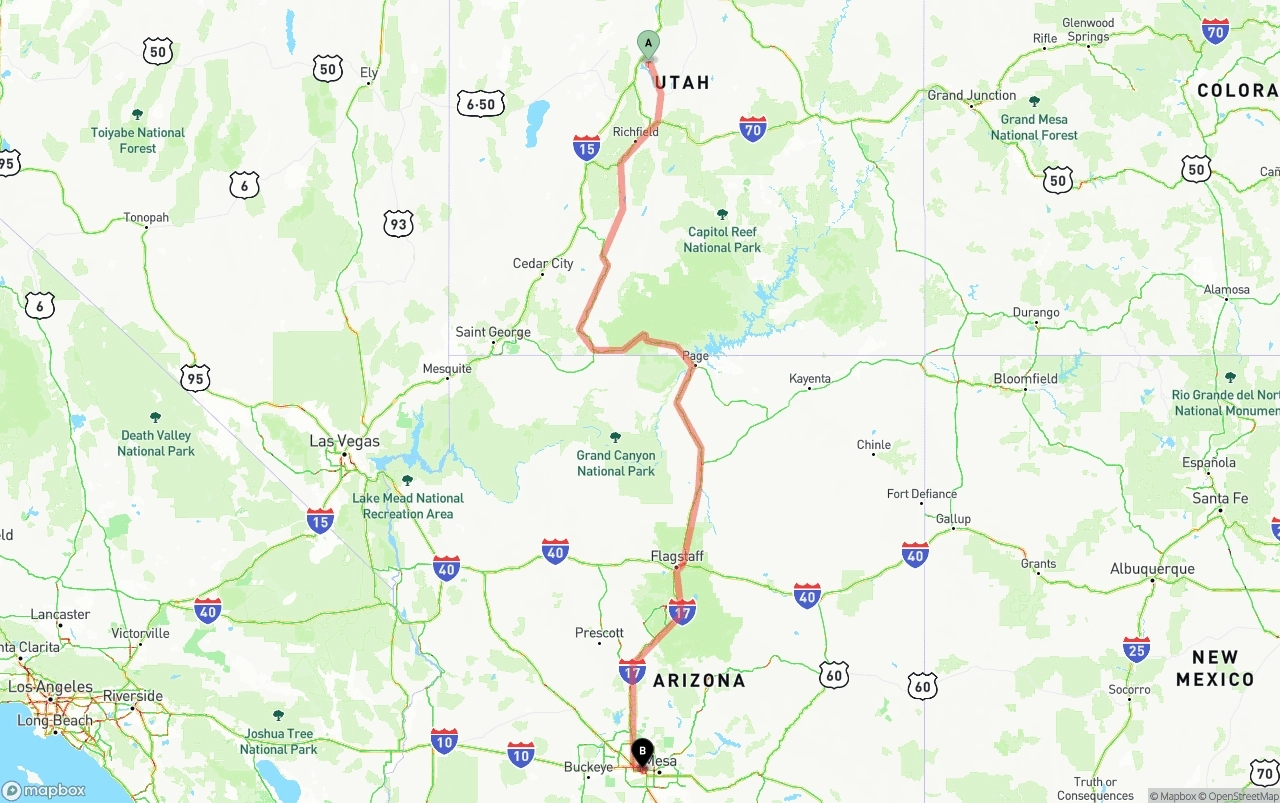 Shipping route from Utah to Phoenix Sky Harbor International Airport