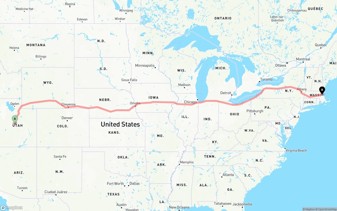 Shipping route from Utah to Port of Boston