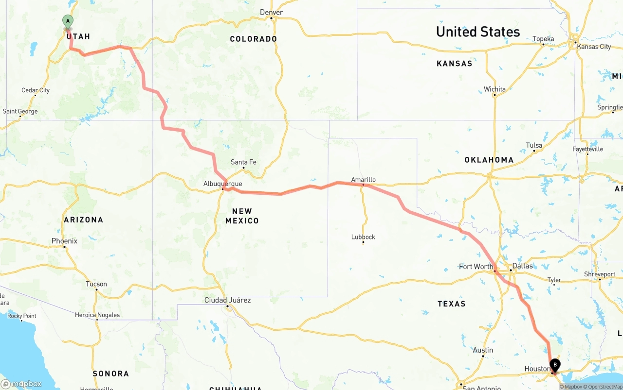 Shipping route from Utah to Port of Houston