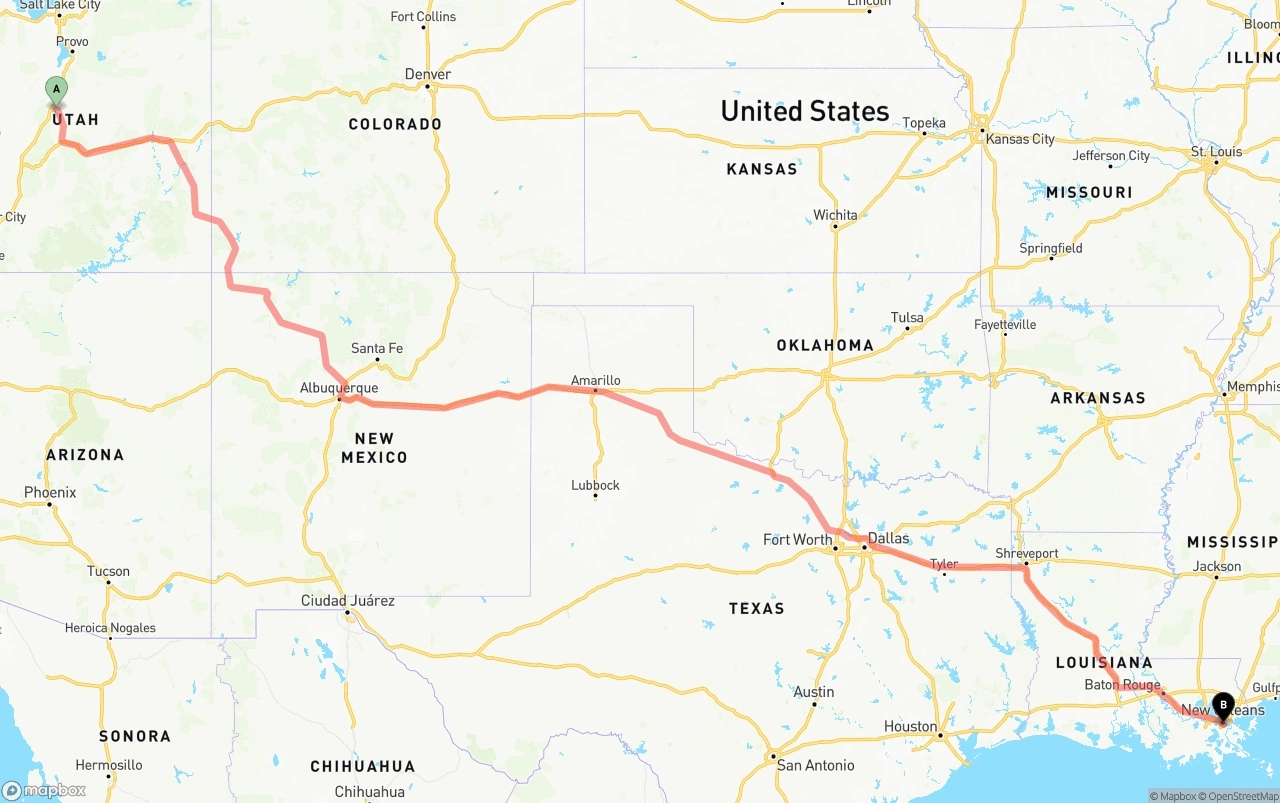 Shipping route from Utah to Port of New Orleans