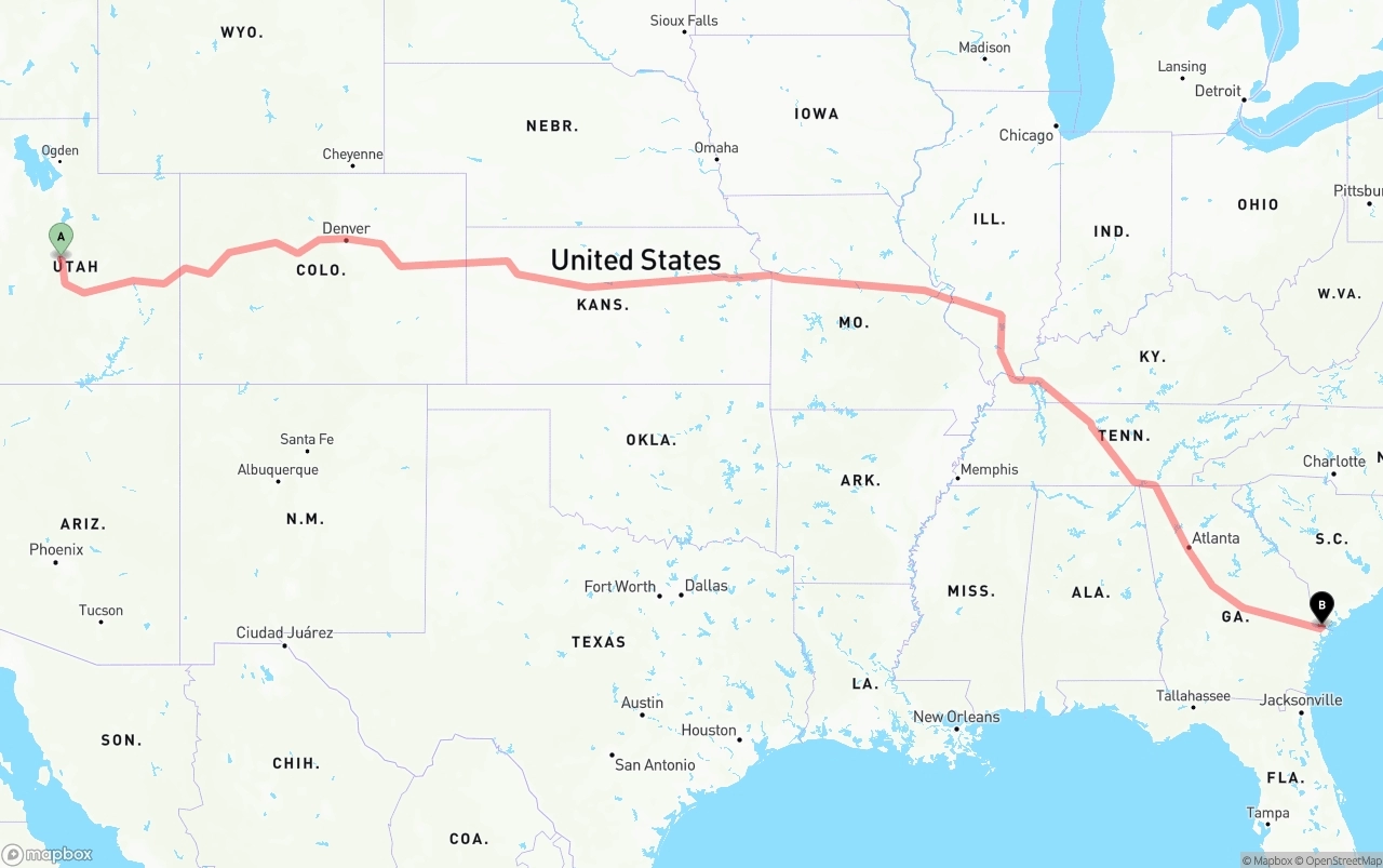 Shipping route from Utah to Port of Savannah