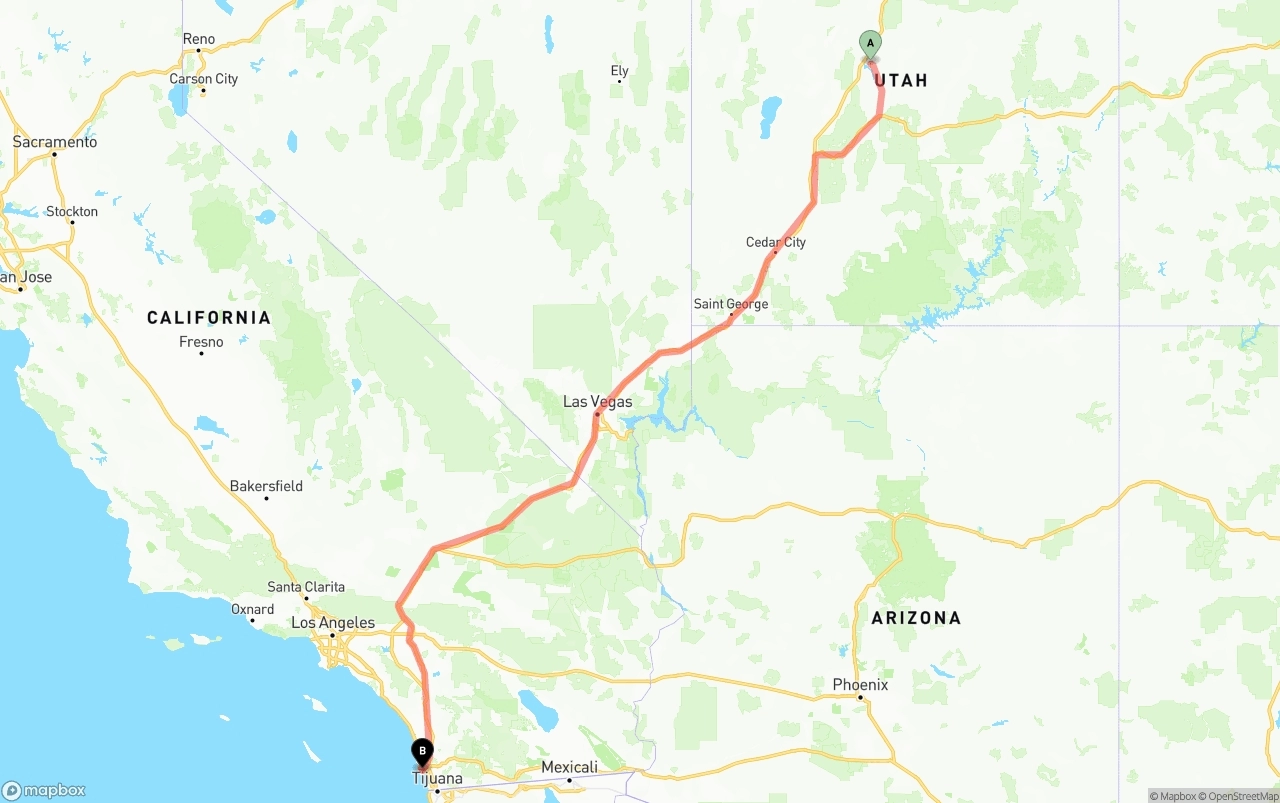 Shipping route from Utah to San Diego International Airport
