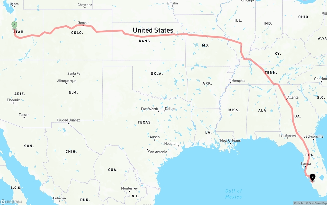 Shipping route from Utah to Southwest Florida International Airport