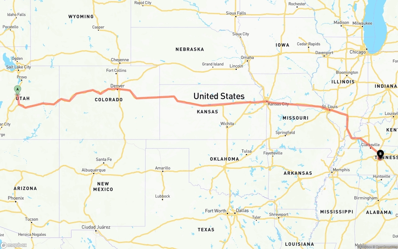Shipping route from Utah to Tennessee