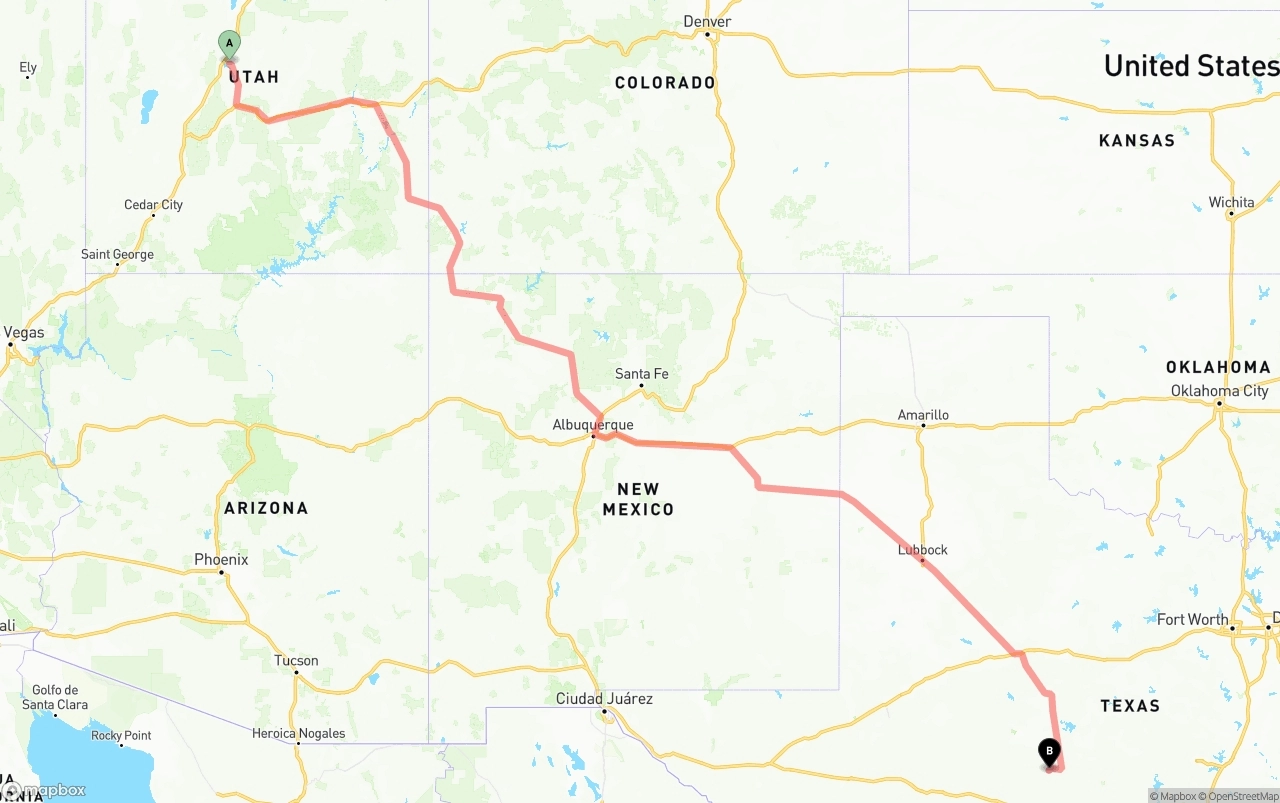 Shipping route from Utah to Texas