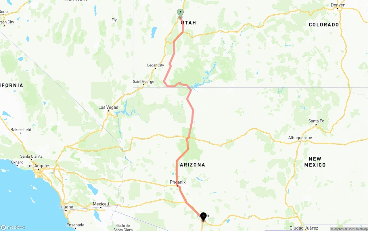 Shipping route from Utah to Tucson International Airport