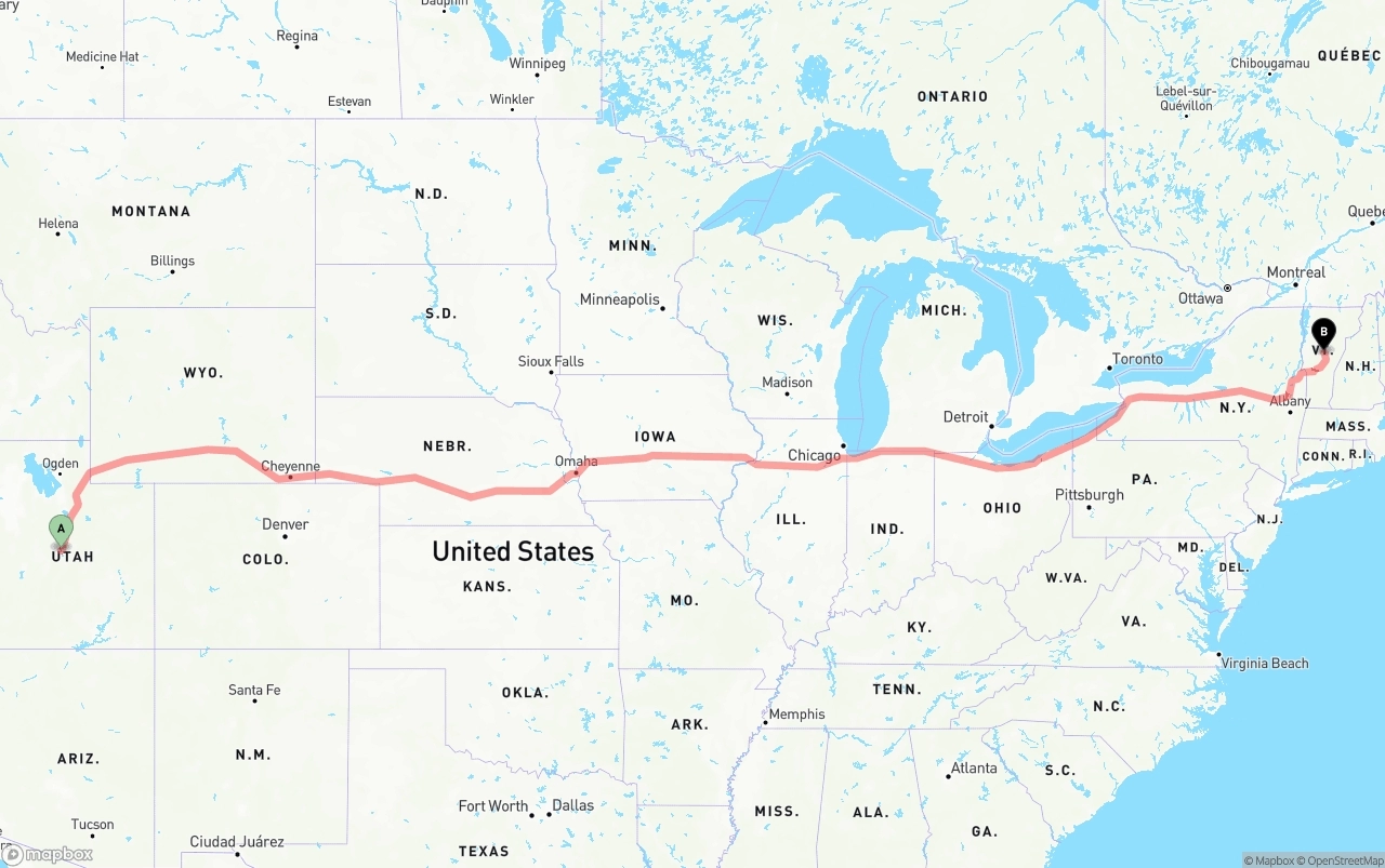 Shipping route from Utah to Vermont