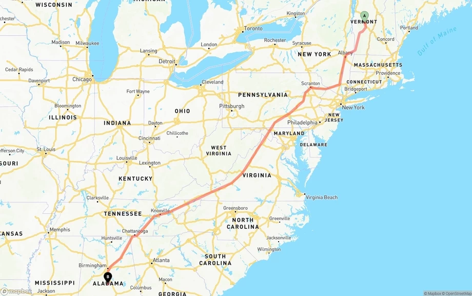 Vermont to Alabama freight shipping route map
