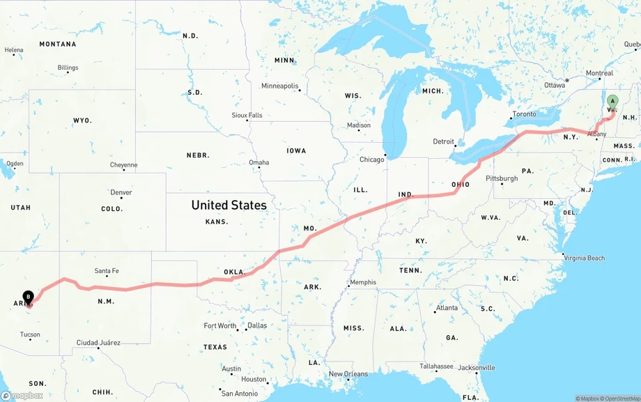 Vermont to Arizona freight shipping route map