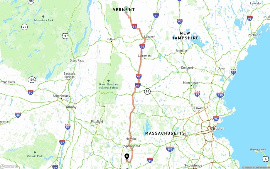 Vermont to Bradley International Airport freight shipping route map