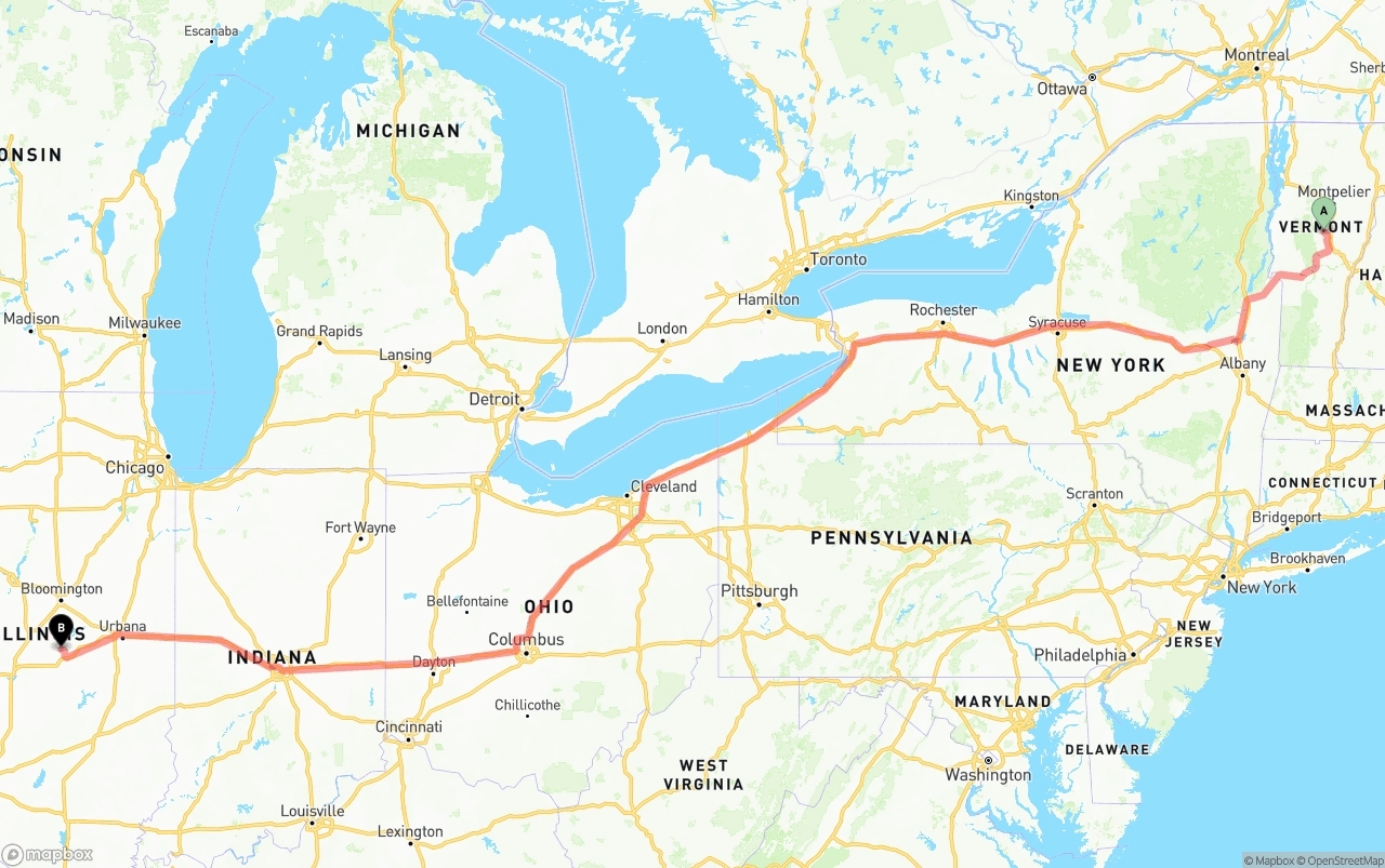 Shipping route from Vermont to Illinois